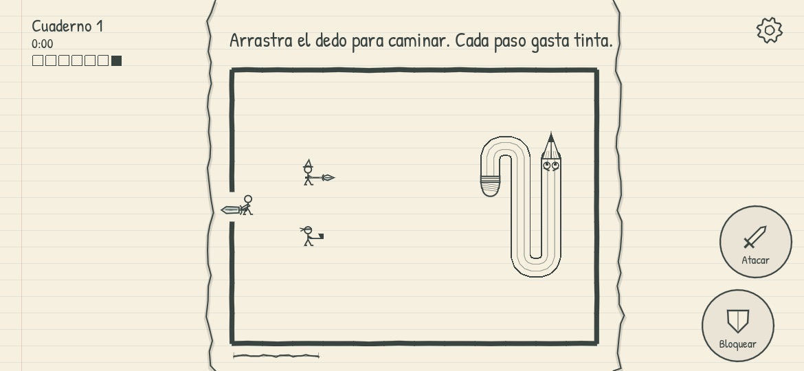 Partida de Papercrawl: el héroe entra a la hoja del jefe, una serpiente-lápiz, junto a dos personajes con lanza y hacha